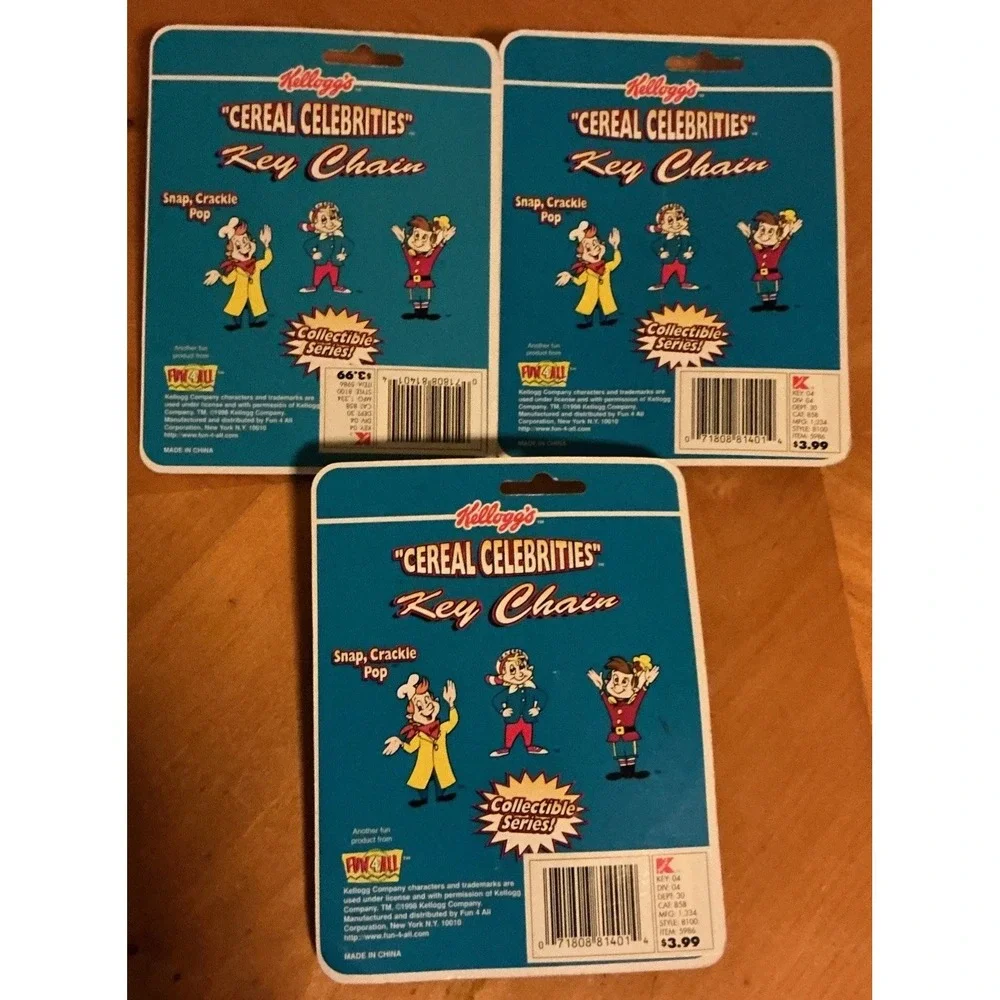 Kellogg's Cereal Celebrities Key Chain Rice Krispies New 1998 Snap Crackle & Pop